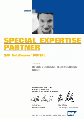 btexx als Special Expertise Partner für das SAP NetWeaver Portal bestätigt Bild: btexx als Special Expertise Partner für das SAP NetWeaver Portal bestätigt