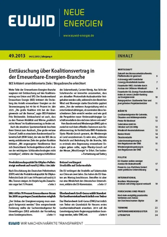 EUWID Neue Energien 49/2013 ist am 4. Dezember erschienen