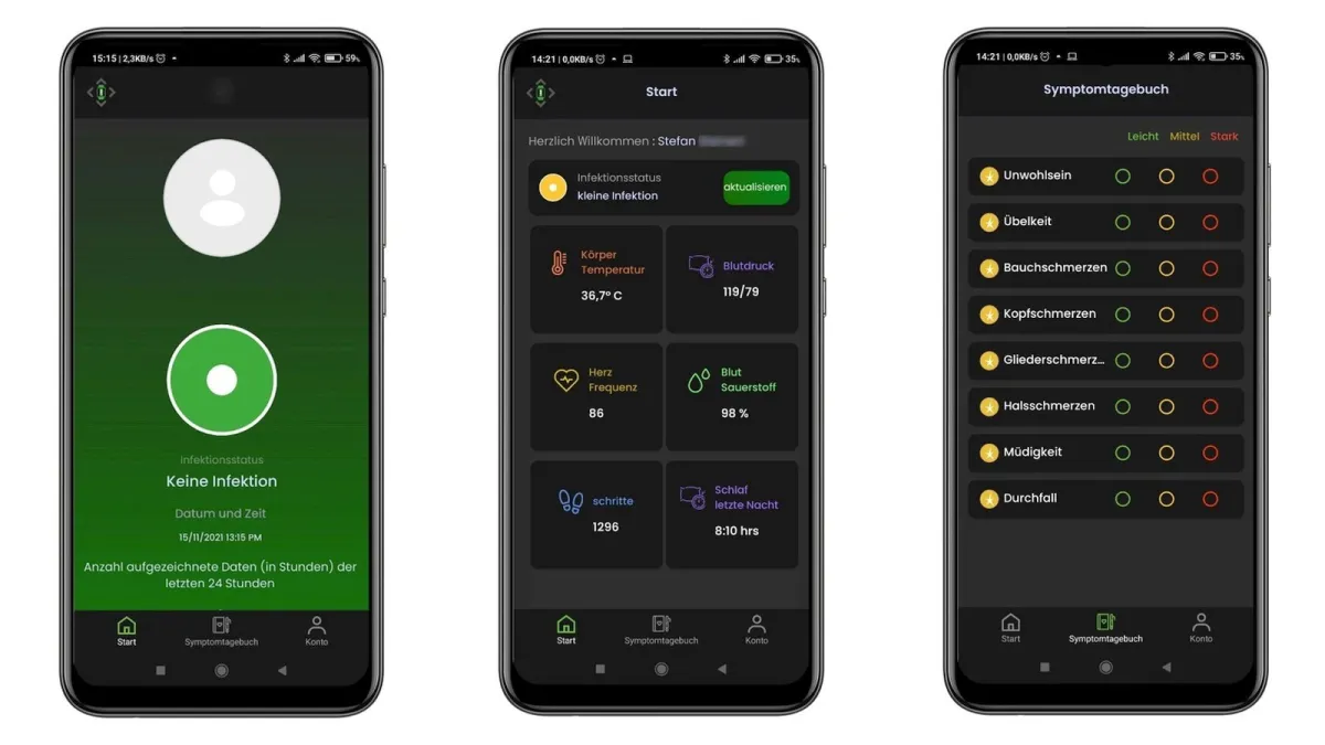 PROTECT.WATCH ist ein System aus Smartwatch+App, das Vitalfunktionen und Infektionsstatus anzeigt. (© www.protectwatch.de)