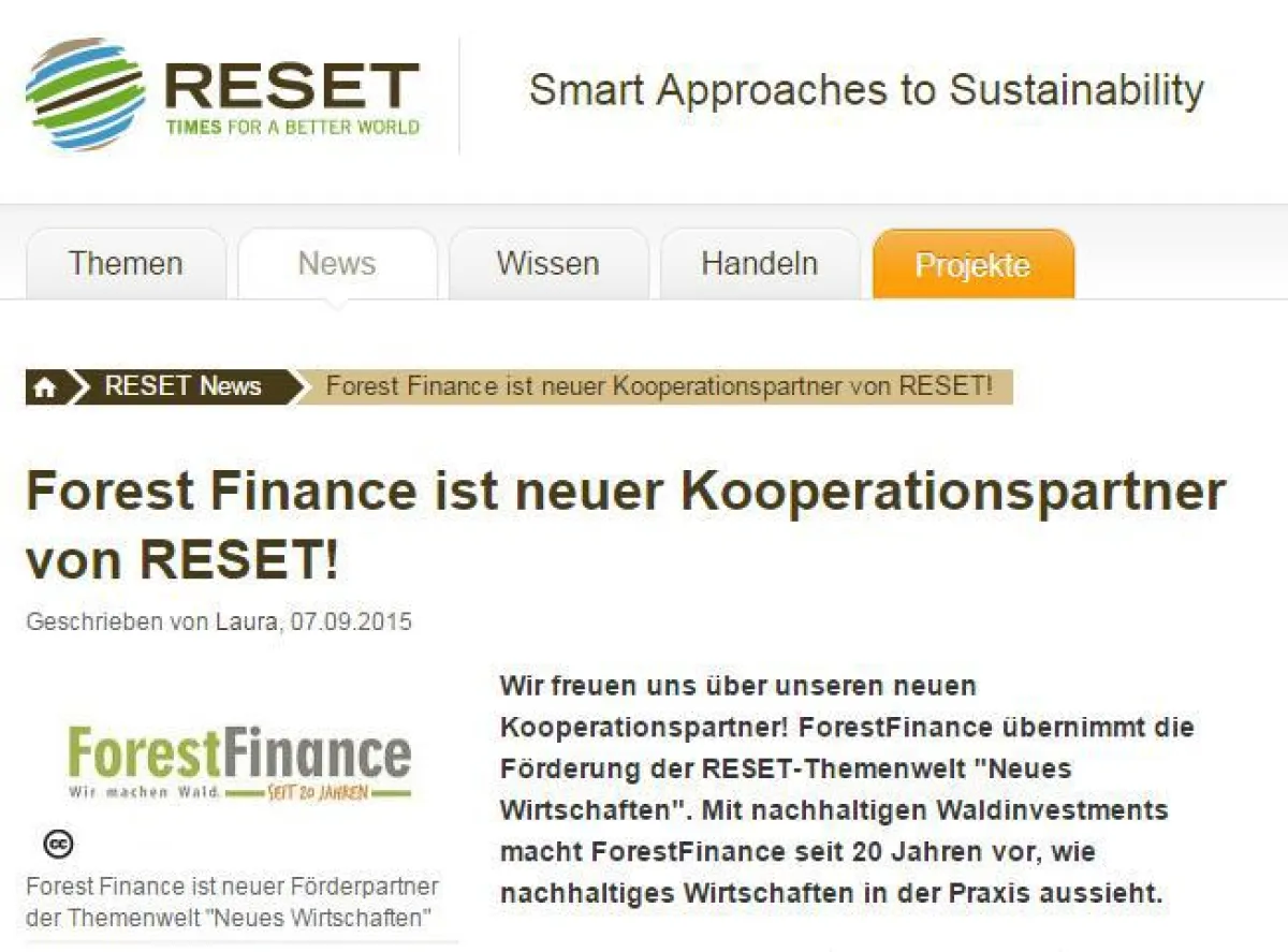 RESET.org-Partnerschaft mit ForestFinance