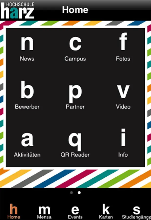 Hauptnavigation der neu entwickelten App der Hochschule Harz.