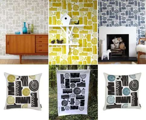 Bild: Holz für die Hütte - Holzstapel-Tapeten und Kissen im Vintage-Design