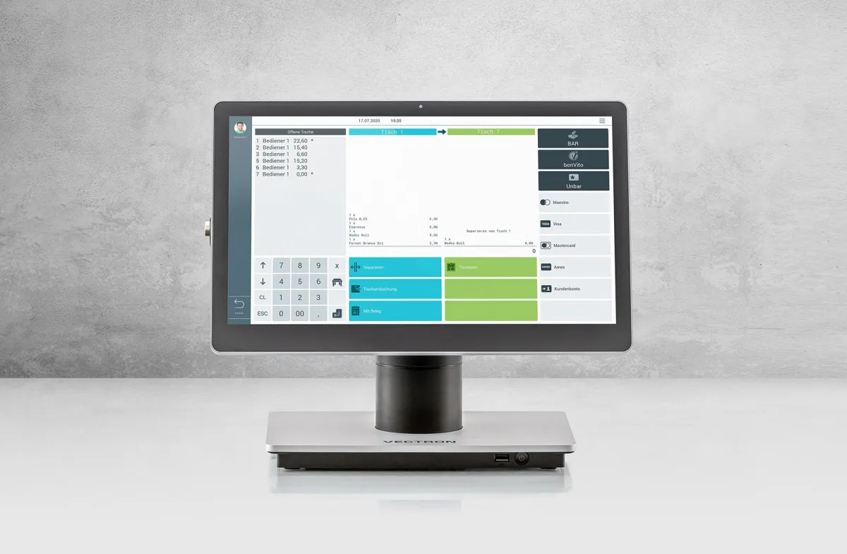 Die Vectron POS 7 ist ein modulares High-End-Kassensystem mit intuitivem Layout und Swipe-Funktion.