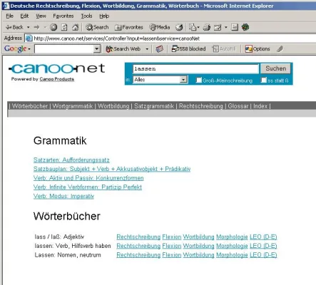 Bild: www.canoo.net: Neue Online Grammatik für Deutsch