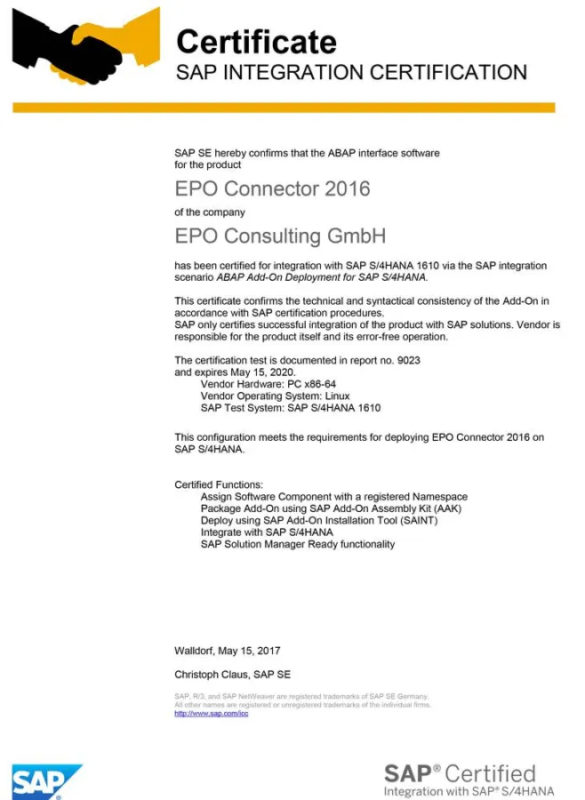Der EPO-Connector wurde von SAP am 15.05.2017 für S/4 HANA zertifiziert