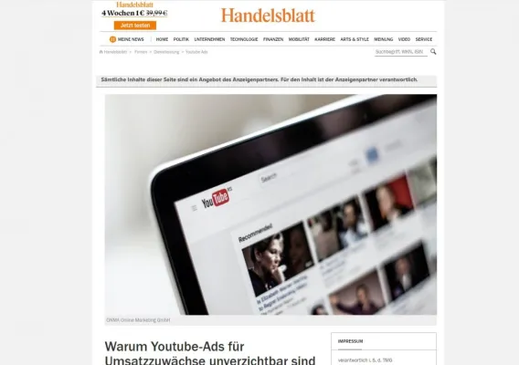 Handelsblatt berichtet Wissenswertes über Umsatzsteigerung durch YouTube-Ads Bild: Handelsblatt berichtet Wissenswertes über Umsatzsteigerung durch YouTube-Ads