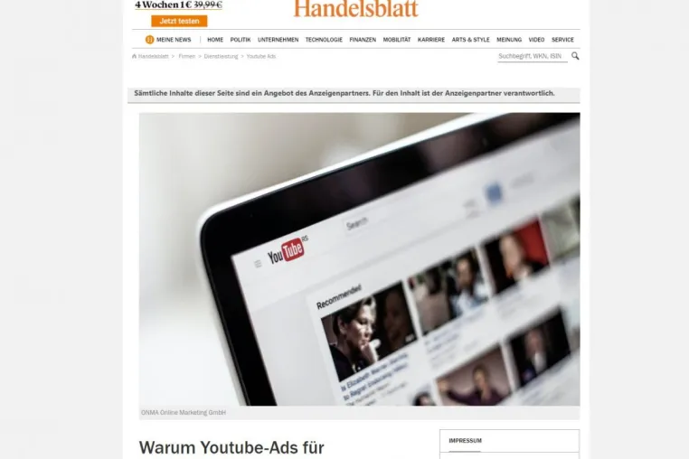 Handelsblatt berichtet Wissenswertes über Umsatzsteigerung durch YouTube-Ads Bild: Handelsblatt berichtet Wissenswertes über Umsatzsteigerung durch YouTube-Ads