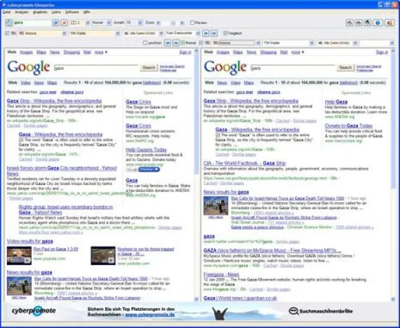 Bild: GInspector 2.0 mit Google Glaskugel und regional lokalisierter Suche