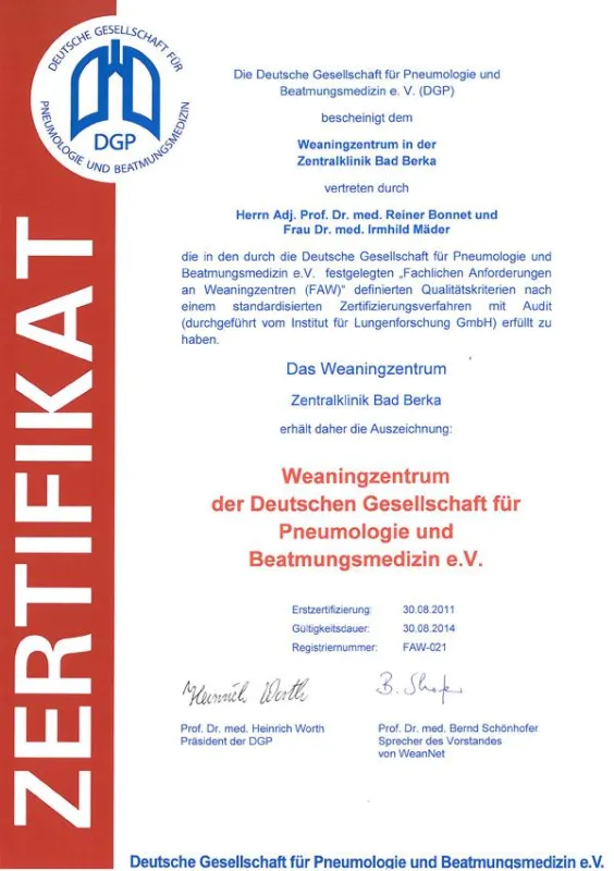 Urkunde der Deutschen Gesellschaft für Pneumologie und Beatmungsmedizin e. V.