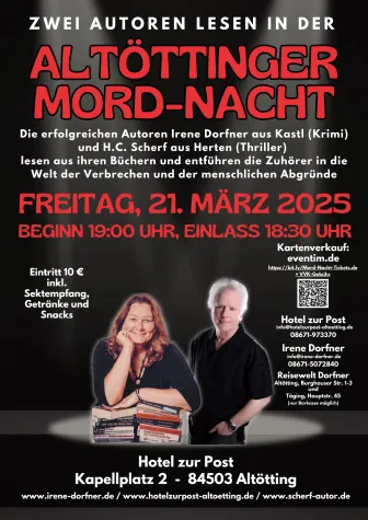 Lesung ALTÖTTINGER MORD-NACHT 21.03.2025 im Hotel Zur Post Altötting Bild: Lesung ALTÖTTINGER MORD-NACHT 21.03.2025 im Hotel Zur Post Altötting