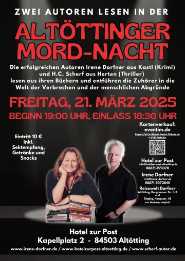 Lesung ALTÖTTINGER MORD-NACHT 21.03.2025 im Hotel Zur Post Altötting Bild: Lesung ALTÖTTINGER MORD-NACHT 21.03.2025 im Hotel Zur Post Altötting