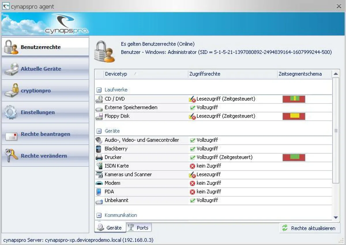 Der DevicePro Agent stellt Benutzerrechte übersichtlich dar und bietet einen direkten Kommunikationsweg.