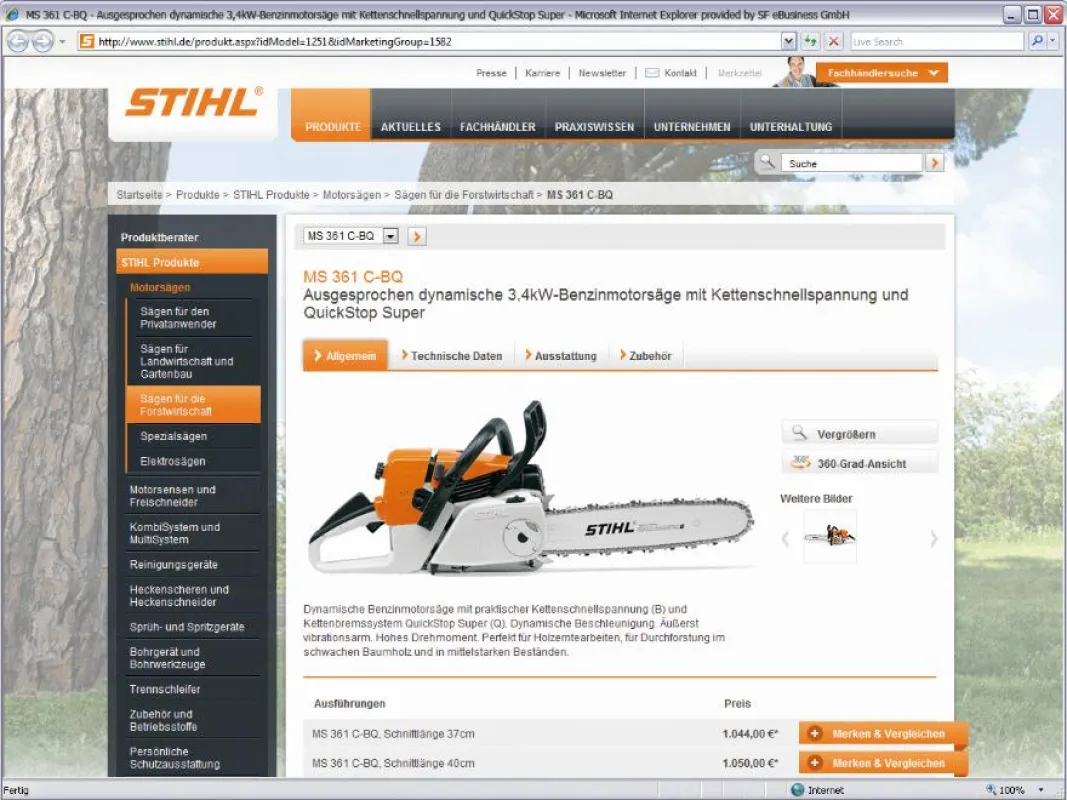 Detailseite des Produktkataloges von www.stihl.de