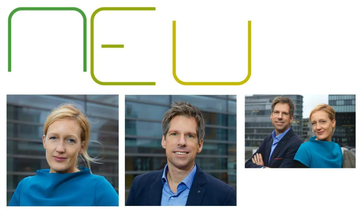 NEU-Logo und Portraits der Gründer Sabine Rings und Jørn Rings