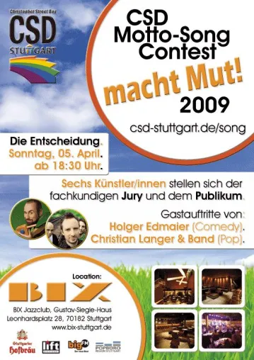 Sechs Bewerbungen im Finale zum CSD Motto-Song-Contest am 05.04. Bild: Sechs Bewerbungen im Finale zum CSD Motto-Song-Contest am 05.04.