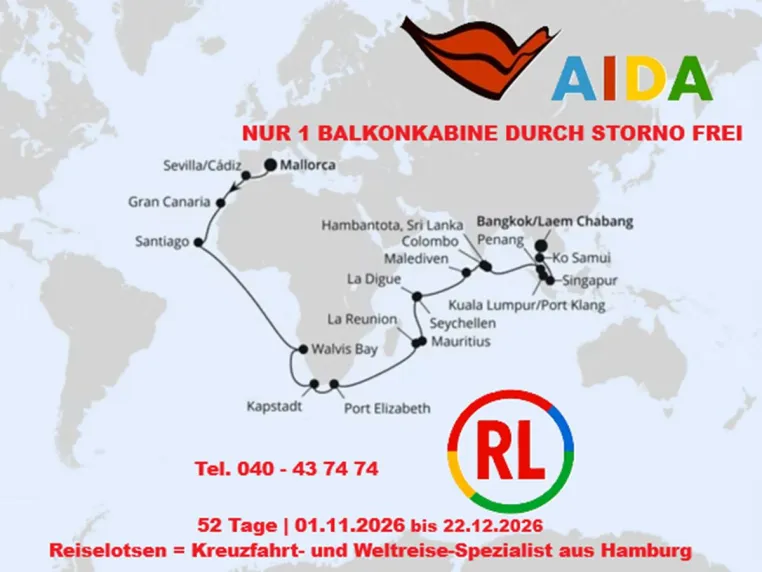 Traumreisen für Weltenbummler mit AIDA: Balkonkabine durch Storno wieder frei Bild: Traumreisen für Weltenbummler mit AIDA: Balkonkabine durch Storno wieder frei