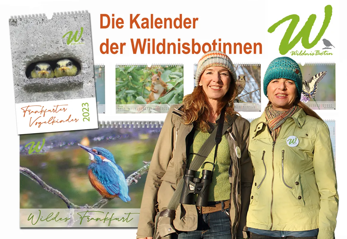 Iris Rosebrock (li.) und Silke Frank (re.) vor ihren aktuellen Kalendern (© wildnisbotin e.k. Iris Rosebrock)