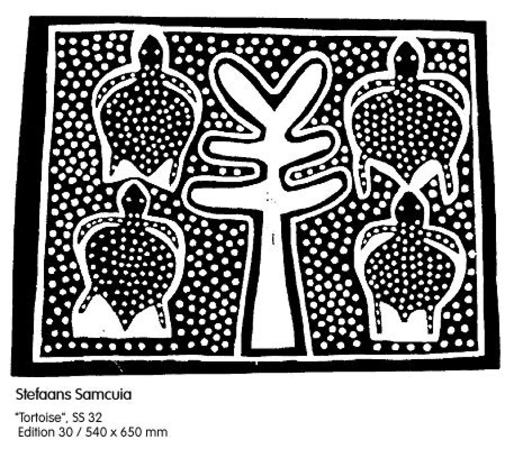 Stefaans Samcuia, Tortoises, Linolschnitt, 1995