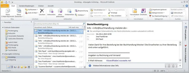 Bild: Outlook-Plugin für eXpurgate Archiving erlaubt native Integration des E-Mail-Archivs in den E-Mail-Client