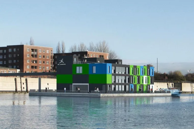 Bild: IBA-Dock – schwimmender Eternit-Pavillon als Ausstellungs- und Informationszentrum