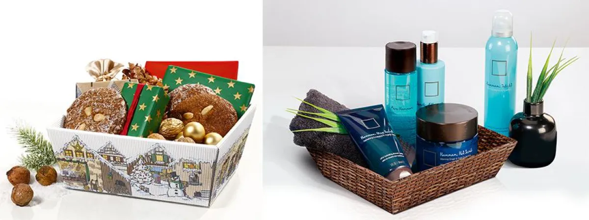 Präsentkörbe von Schumacher Packaging präsentieren Mischgeschenke optisch ansprechend