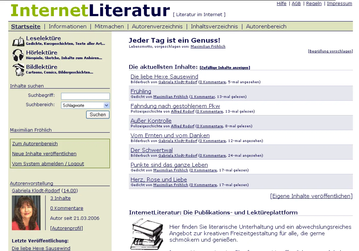Screenshot der Internetseite: InternetLiteratur [Literatur im Internet]