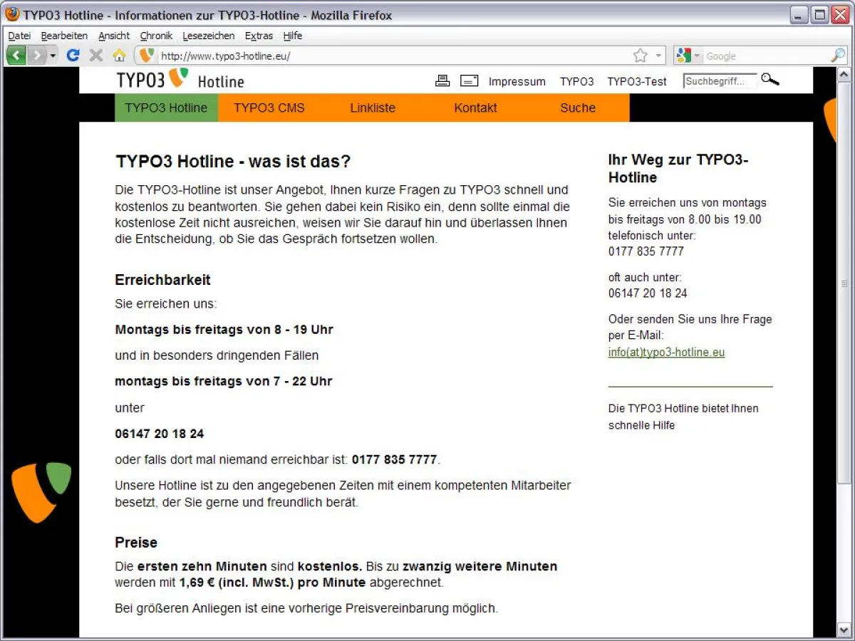 Website mit Informationen zur TYPO3-Hotline