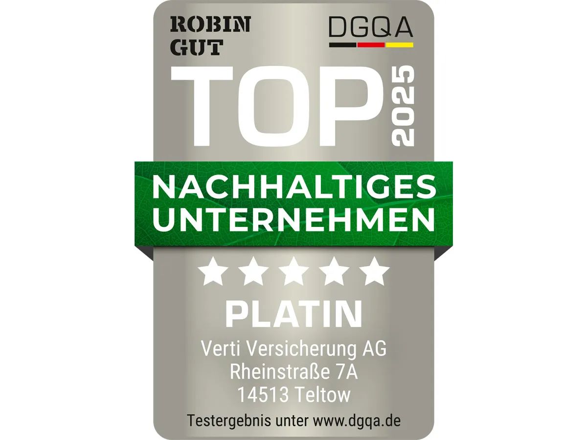 Das ROBIN GUT Nachhaltigkeitssiegel in Platin für die Verti Versicherung AG (© DGQA - Deutsche Gesellschaft für Qualitätsanalysen mbH)