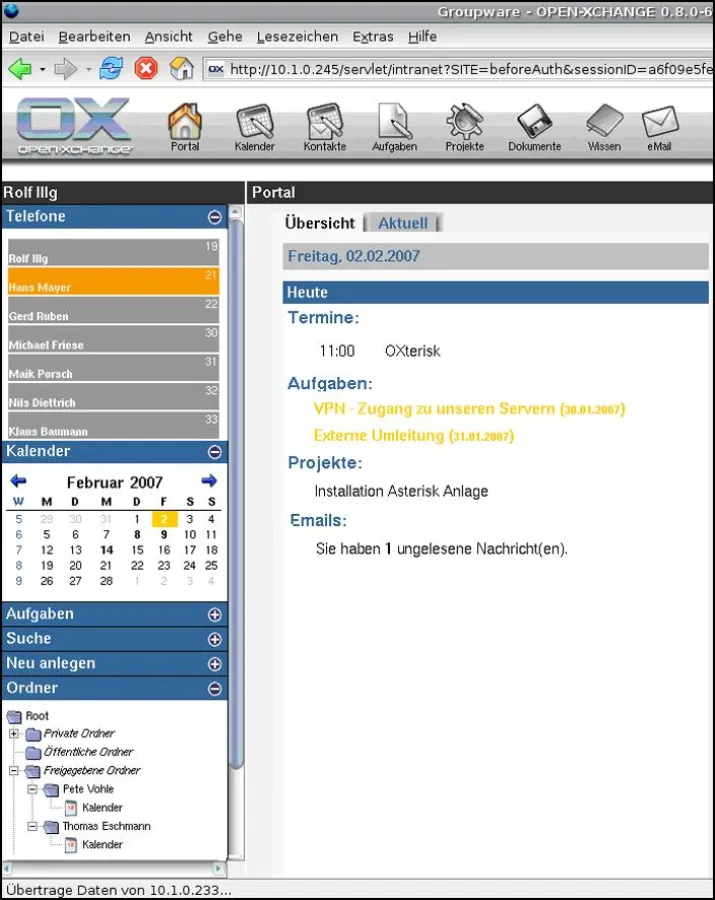 Das Web-Frontend von Open Xchange mit integrierter OXterisk-Telefonie-Lösung.