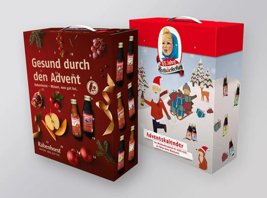 Adventskalender der Marken Rabenhorst und Rotbäckchen