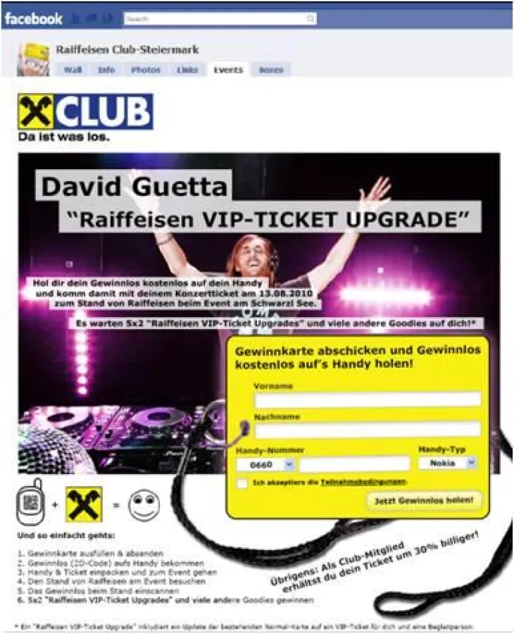 Bei Anmeldung über die Facebook Seite wurde ein Gewinnlos direkt auf das Handy gesendet.