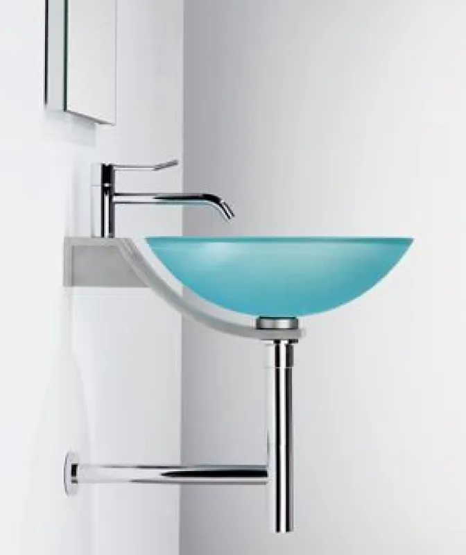 Glamü Wandbrunnen 400. Waschschale aus Schmelzglas, Farbe Aquamarin, Wandkonsole aus massivem Edelstahl, Ausführung Geschliffen