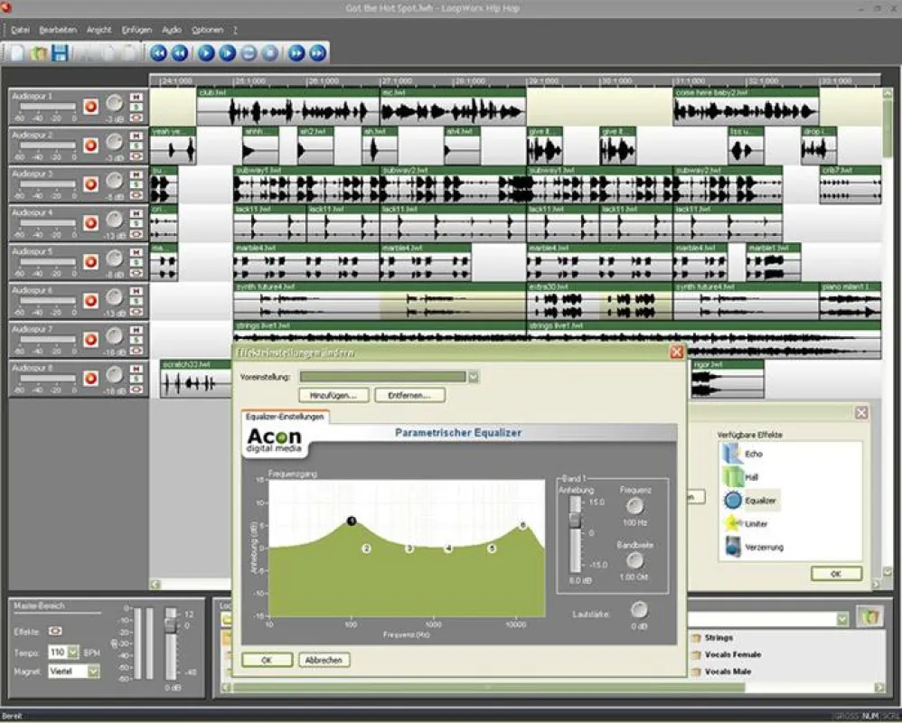 Auch eigene Aufnahmen können direkt auf den Tracks aufgenommen und mit integrierten Effekten bearbeitet werden.Die Möglichkeit fertige Loops mit den Effekten individuell zu bearbeiten gibt kreative Fr