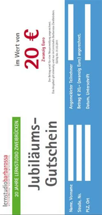 Das Lernstudio Barbarossa Zweibrücken bedaknkt sich für 20 Jahre Treue