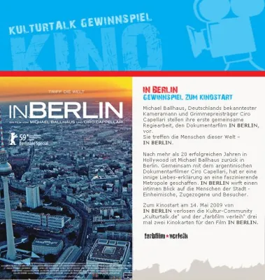 „IN BERLIN“ - Kulturtalk.de Gewinnspiel zum Kinostart Bild: „IN BERLIN“ - Kulturtalk.de Gewinnspiel zum Kinostart