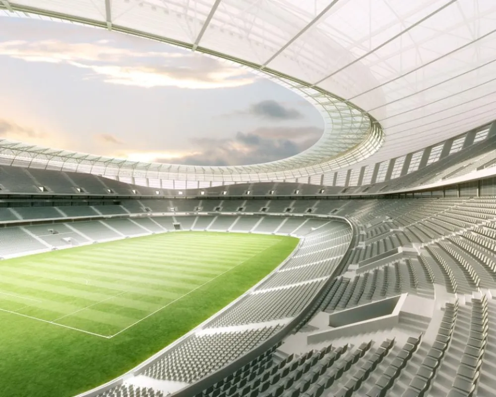 70.000 Fans finden im Green-Point-Stadion Platz. Vor Wind und Wetter geschützt werden diese durch das Glas der Firma Thiele Glas. Bildquelle: Greenpoint Stadium, Kapstadt Entwurf: gmp - Architekten vo