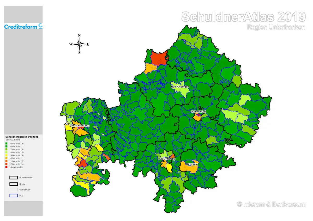 Karte SchuldnerAtlas 2019 - Region Unterfranken