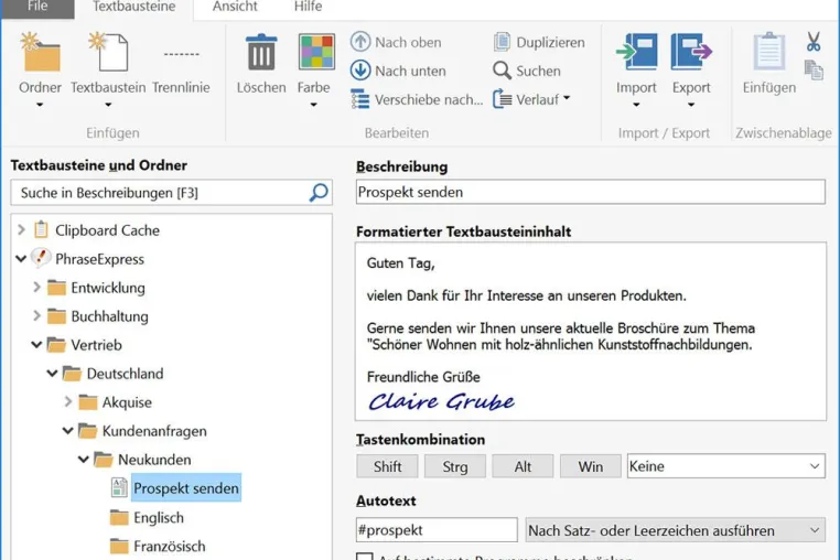 Bild: Textbausteinverwaltung PhraseExpress in neuer Version 12