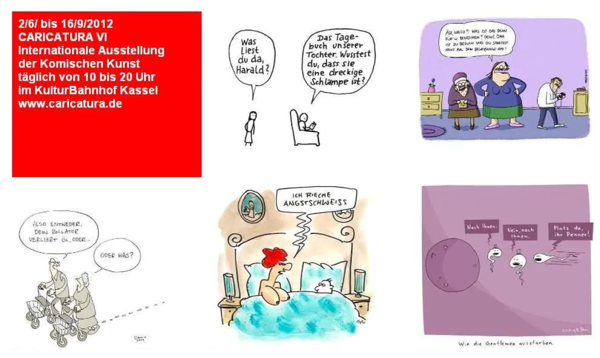 Einige der Cartoonisten der CARICATURA VI: Dagsson, Masztalerz, Metz, Plikat und Schilling&Blum