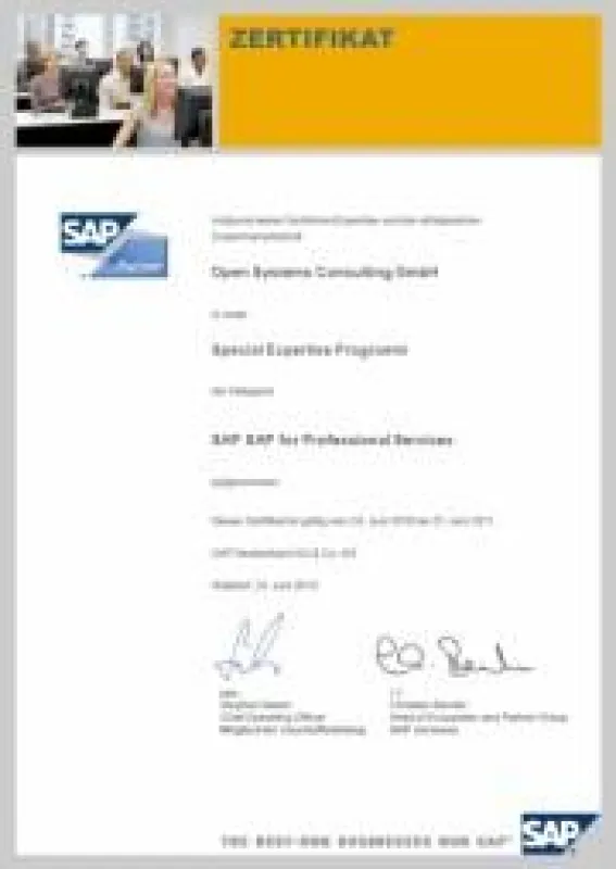 Zertifikat Special Expertise Programm der Kategorie SAP for Professional Services