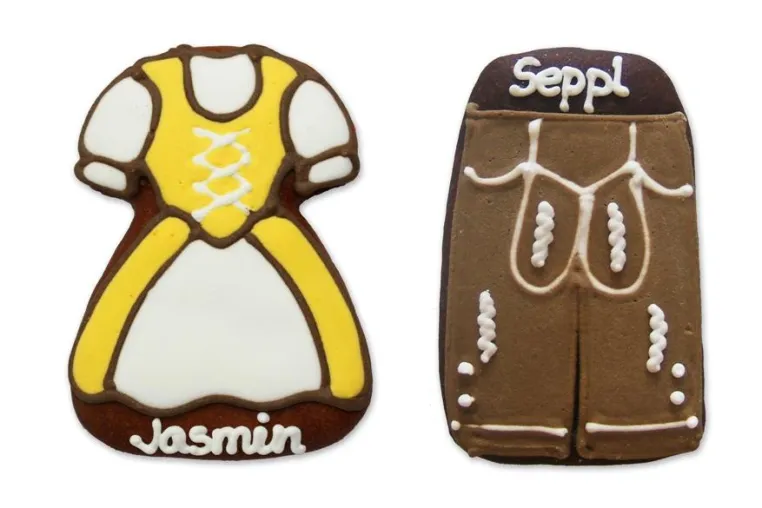 Festgaudi mit Dirndl und Lederhose – süße Lebkuchen als originelle Tischkarten für Oktoberfest und Sommerparty Bild: Festgaudi mit Dirndl und Lederhose – süße Lebkuchen als originelle Tischkarten für Oktoberfest und Sommerparty