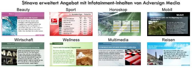 Stinova erweitert Digital Signage Angebot mit Infotainmentkanälen von Content Partner Adversign Media Bild: Stinova erweitert Digital Signage Angebot mit Infotainmentkanälen von Content Partner Adversign Media