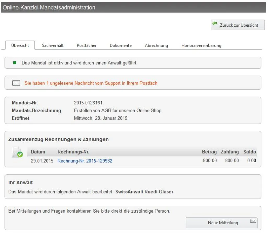 Persönliche Administrationsoberfläche für den Klienten bei SwissAnwalt
