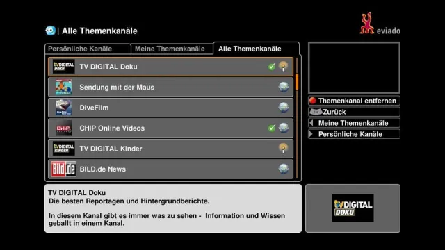 Bild: eviado one mit vorinstallierten Themenkanälen für TV und Web