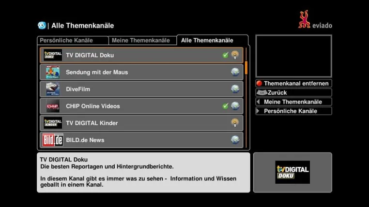eviado one mit vorinstallierten Themenkanälen für TV und Web Bild: eviado one mit vorinstallierten Themenkanälen für TV und Web
