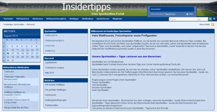 Bild: Pressemitteilung Insidertipp Sportwetten und Wettsysteme sowie Wetttipps 17.08.2010