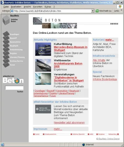 Neu im BauNetz: Infoline Beton - Online-Lexikon mit ausführlichen Fachinformationen Bild: Neu im BauNetz: Infoline Beton - Online-Lexikon mit ausführlichen Fachinformationen