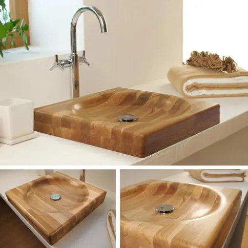 Bild: Neues Design für ein modernes Badezimmer. Holzwaschbecken Modell „Viola“ von STOLIS