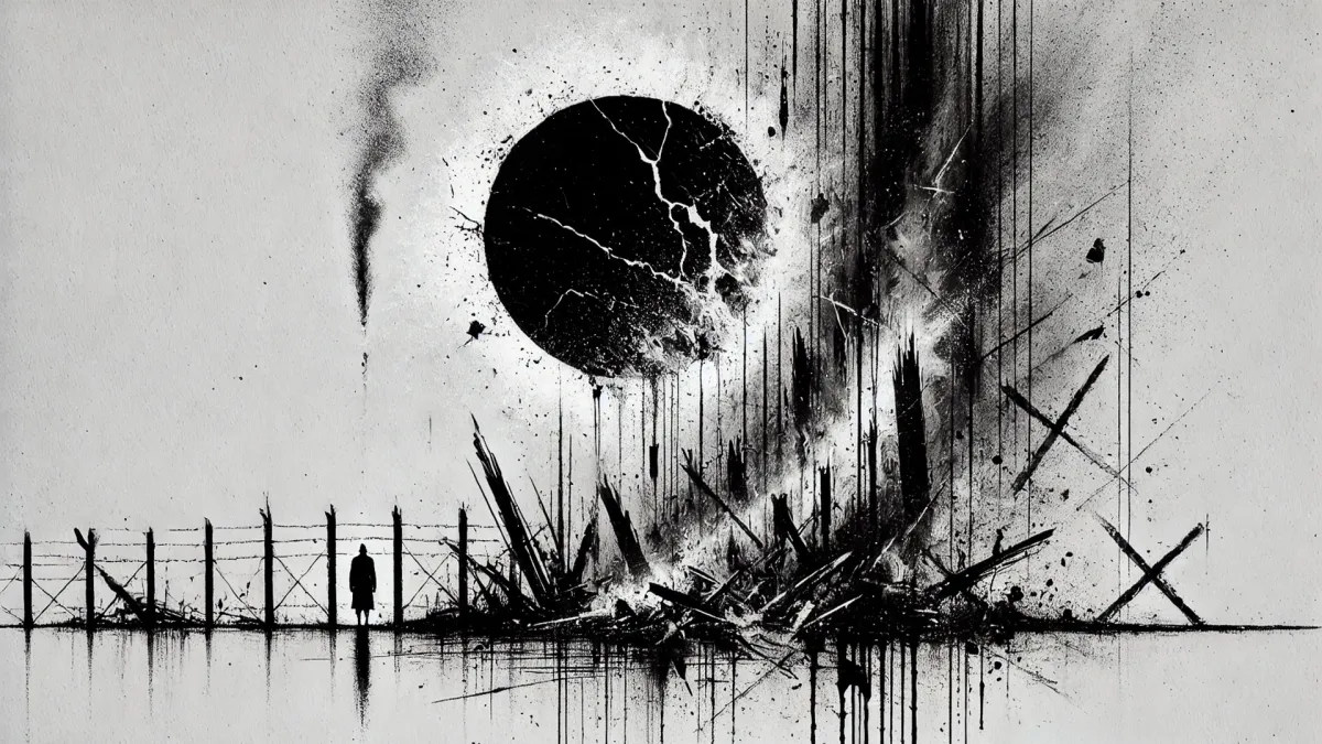 Der Tag beginnt: Die Schwarze Sonne im Rauch – dadaistische Skizzierung des Geschehens »Brandmal« (© DREIFISCH)