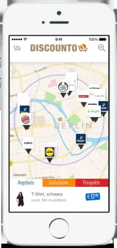 Bild: Die neue DISCOUNTO App für iPhone und Android Smartphones zur Suche von Angeboten, Prospekten und Gutscheinen